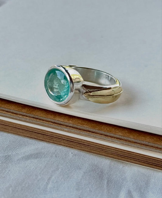 Stunning natural aquamarine ring in fine silver and 14 karat gold.